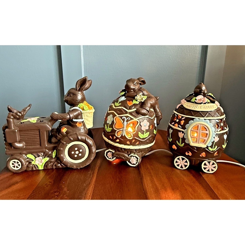 Easter Parade Chocolate Bunny Lighted Train Set Vintage Ceramic 3 Pc Spring Eggs